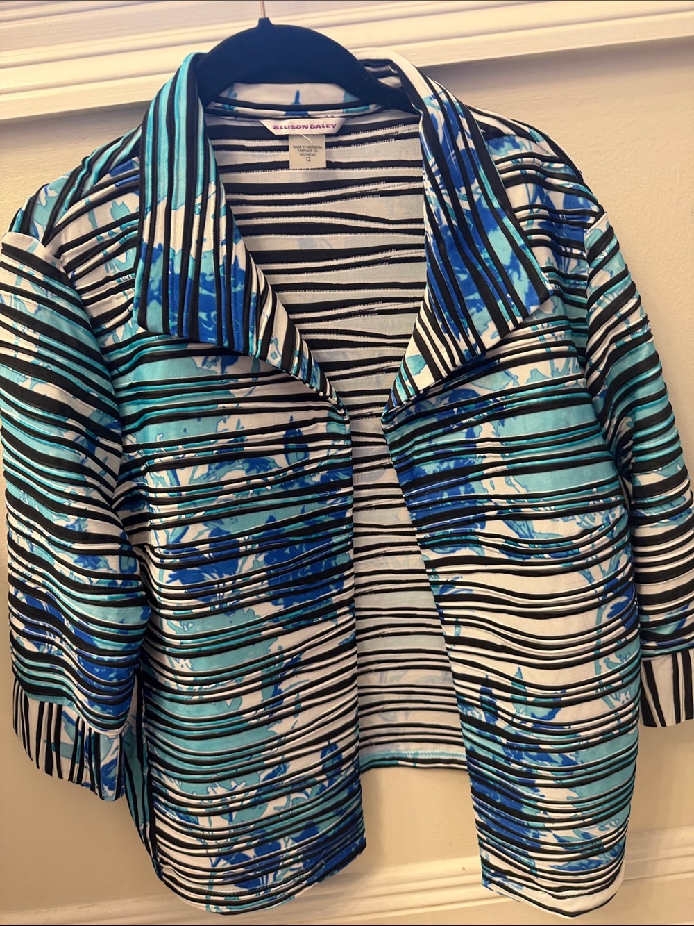 Allison Daley Teal and Blue Striped Floral Open Blazer